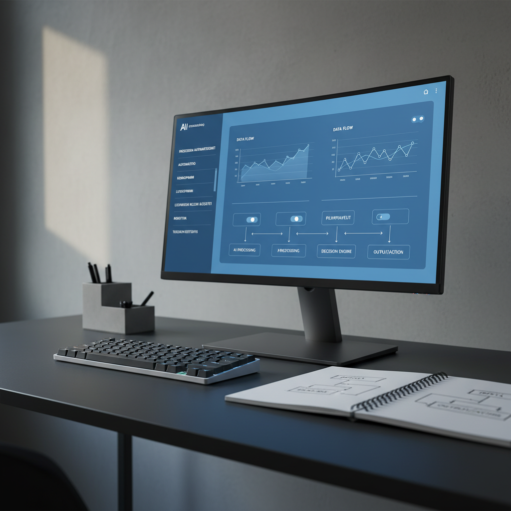 A sophisticated AI consulting setup with a slim, bezel-less monitor on a dark, matte desk, displaying a clean interface of an AI dashboard with graphs, toggles, and a Finnish-language sidebar describing automation options. Next to it rests a minimalist keyboard, a small, geometric concrete desk organizer, and a single open notebook with a clearly sketched process flowchart. The background features a neutral grey wall with a subtle texture and a faint reflection from an unseen window. Cool, directional LED lighting from the right creates crisp edges and controlled shadows, highlighting the technology. Photographic realism with a slightly low angle and shallow depth of field underscores innovation, precision, and trustworthy AI utilization for businesses.