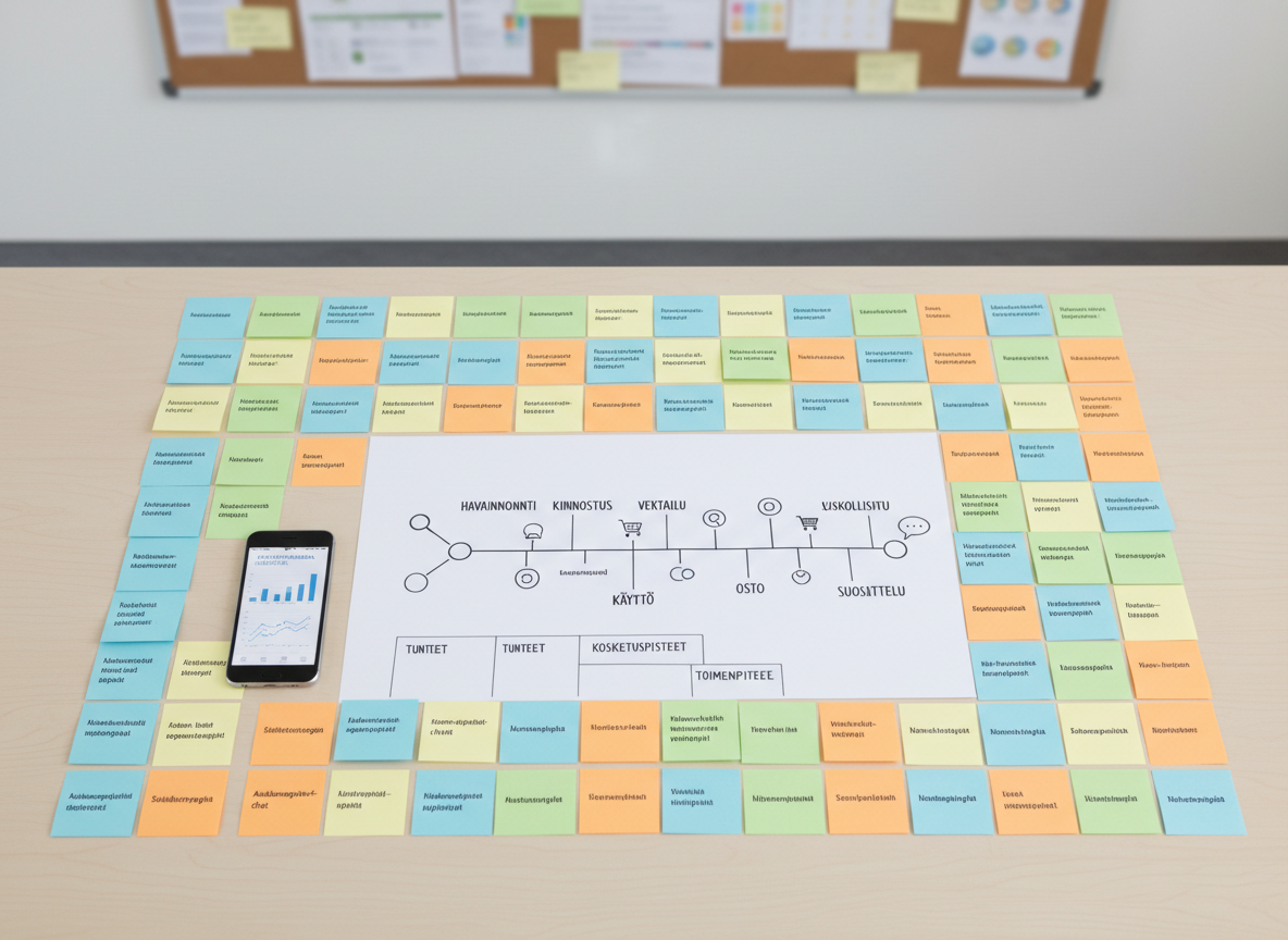 A clean marketing strategy workspace with a large sheet of paper centered on a light wood desk, showing a meticulously drawn customer journey map with arrows, icons, and short Finnish labels in structured handwriting. Surrounding it lie color-coded sticky notes arranged in a rigorous grid, each note perfectly aligned for a sense of system and order. A smartphone displays social media analytics with simple graphs. Neutral-toned walls and a blurred corkboard in the background keep attention on the desk. Soft studio lighting from above produces even illumination with minimal shadows. Photographic realism from a top-down, bird’s-eye view emphasizes clarity, methodical thinking, and a professional, corporate approach to marketing planning.