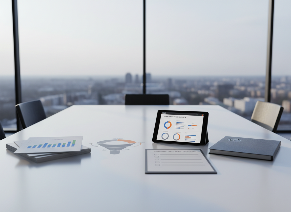 A modern, minimalist meeting table with carefully arranged business planning materials: printed financial reports with crisp bar charts, a structured sales funnel diagram, and a neatly organized checklist titled in Finnish. Beside them lies a tablet showing a marketing campaign overview and a closed, dark-grey binder with a subtle embossed logo. The table is a smooth white surface in a quiet, glass-walled office overlooking a softly blurred cityscape. Cool, diffused afternoon light enters from floor-to-ceiling windows, creating gentle reflections and precise shadows. Photographic realism with a slightly elevated angle and sharp focus throughout, emphasizing a clean corporate aesthetic, strategic planning, and calm professionalism.
